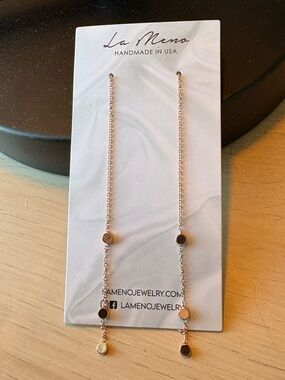 La Meno Silver Long Drop Chain Earrings with Disc Accents